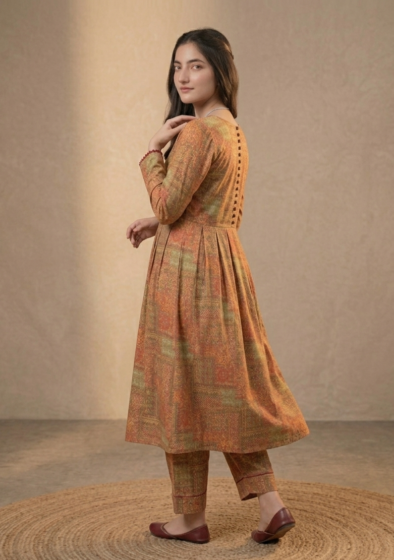 2-Pcs Printed Lawn Suit (Frock Style Shirt & matching Trouser) -Stitched