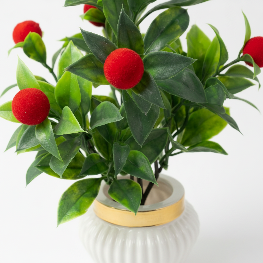 Red Cherry Plant in a white, ribbed Plastic Pot