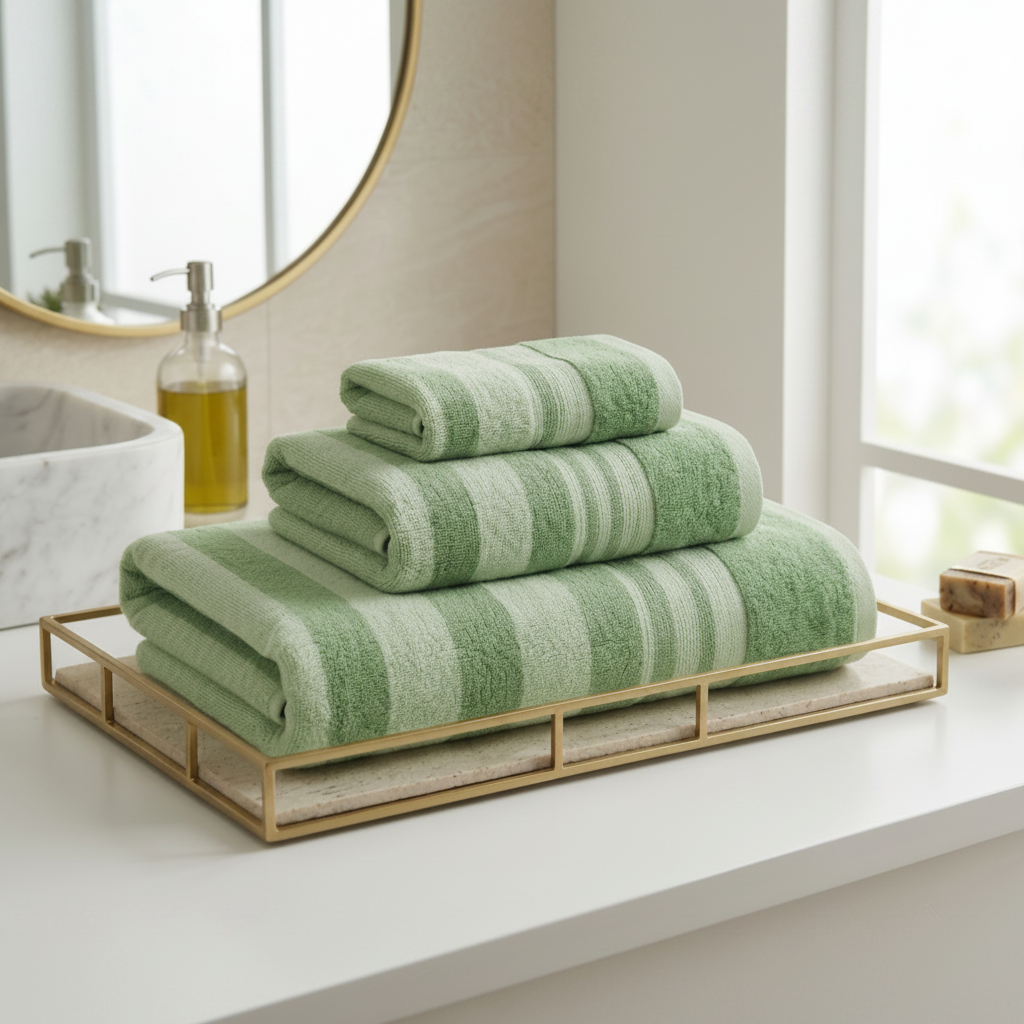 3 Pcs Premium Quality Yarn Dyed Towels Set (Light & Mid Green Stripes)