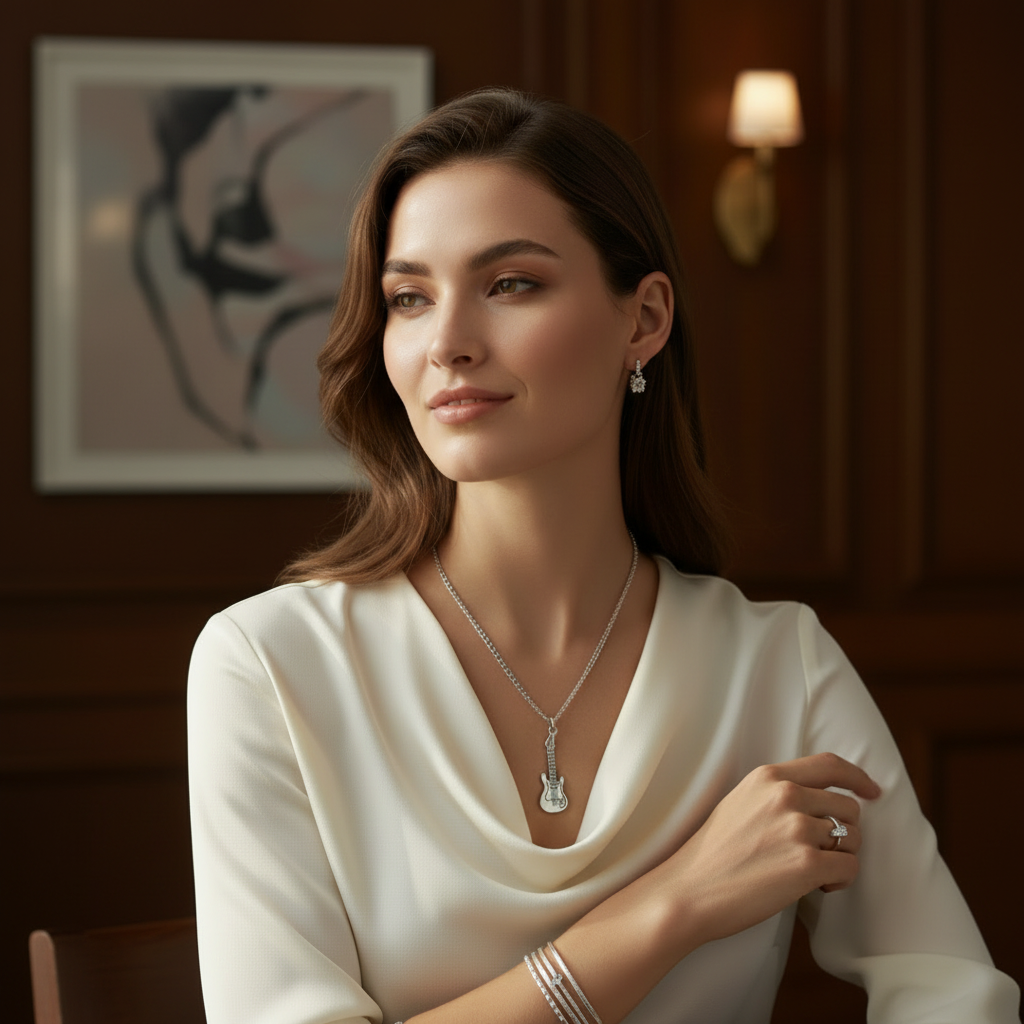 Silver Metallic Guitar Charm Locket in Gift Packing