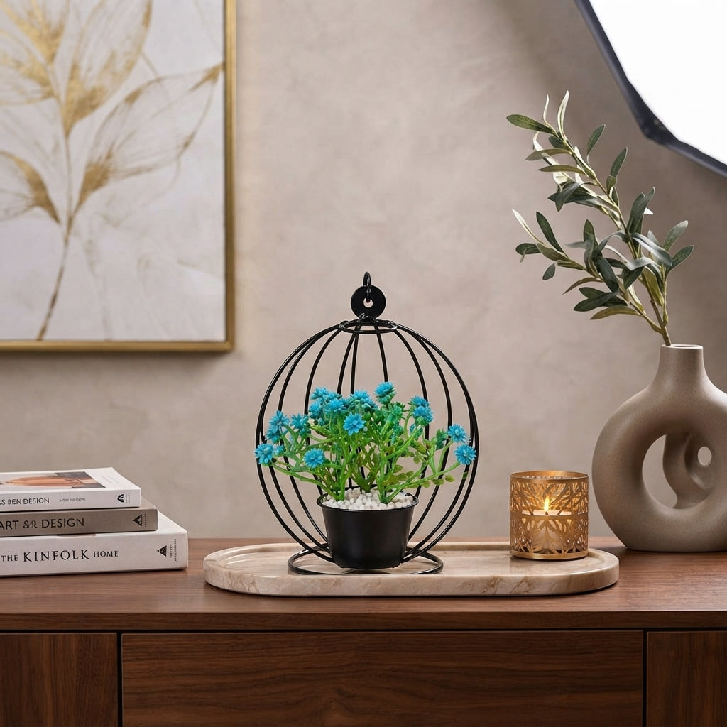 Artificial Flower Pot with Blue Blooms in hanging Chair on Black Metallic Stand