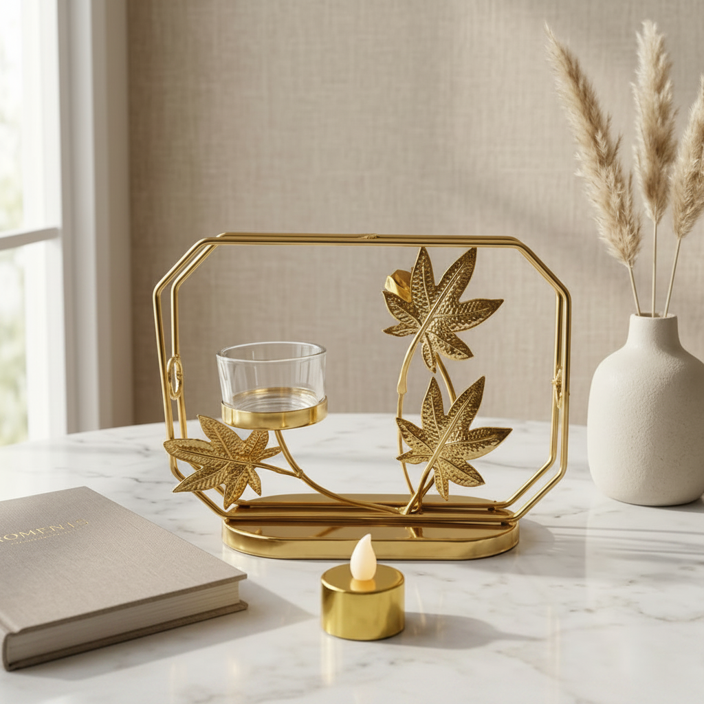 Golden Metallic Rectangular Frame with Leaves and LED Candle in Holder over Oval Platform