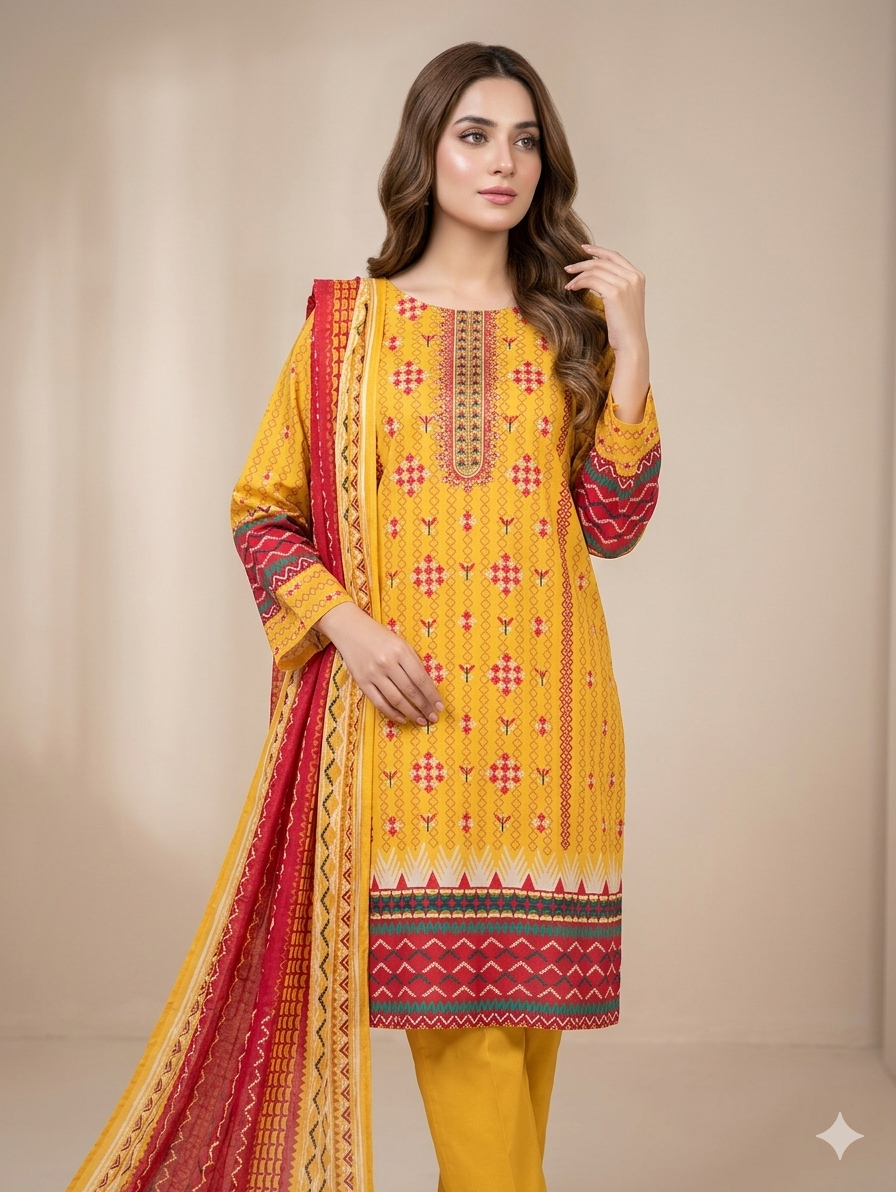 3-Pcs Printed & Embroidered Lawn Suit (Stitched)