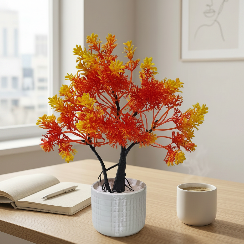 White Ceramic Pot with Artificial Multi Colour Bonsai Tree