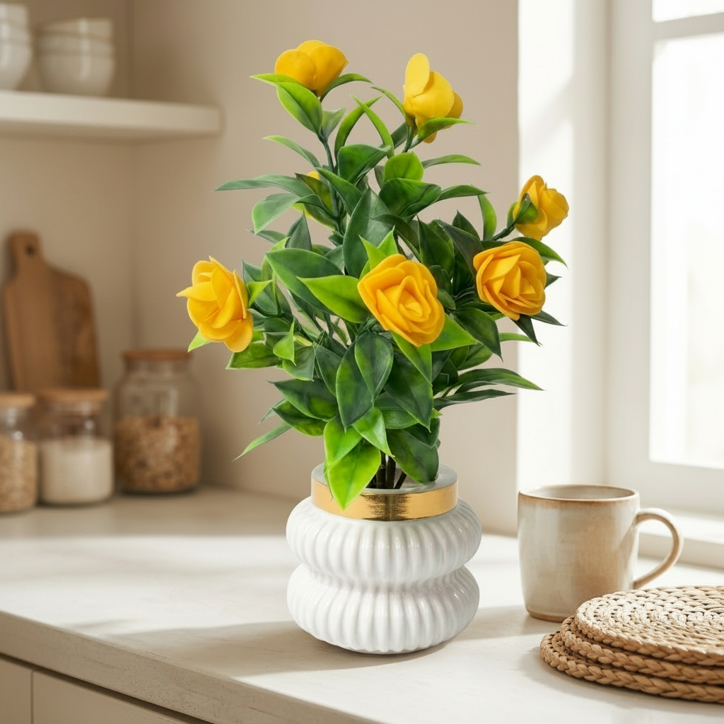 Yellow Camellia-Style Blossoms and lush green foliage in a white, ribbed Plastic Pot