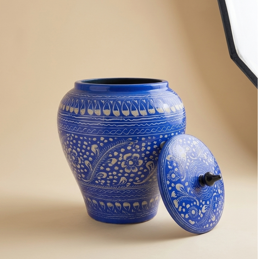 Wooden Artistic Naqshi Candy Jar (Blue Pottery)