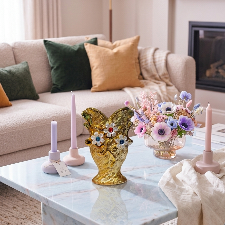 Golden Ceramic Vases decorated with Gemstones