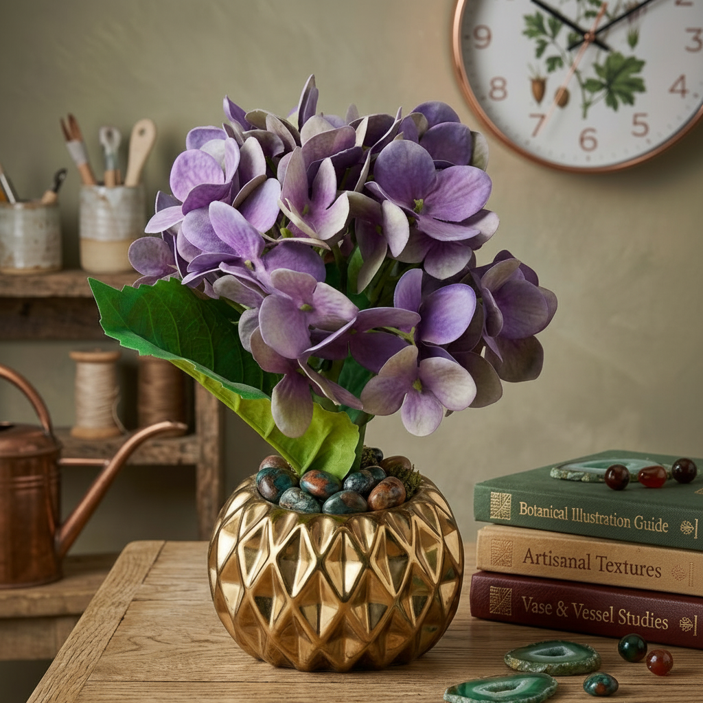 Golden Ceramic Pot with Artificial Lilac Hydrangea Flowers