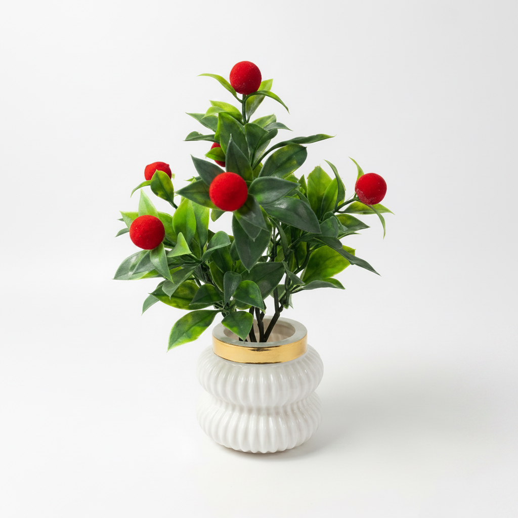 Red Cherry Plant in a white, ribbed Plastic Pot