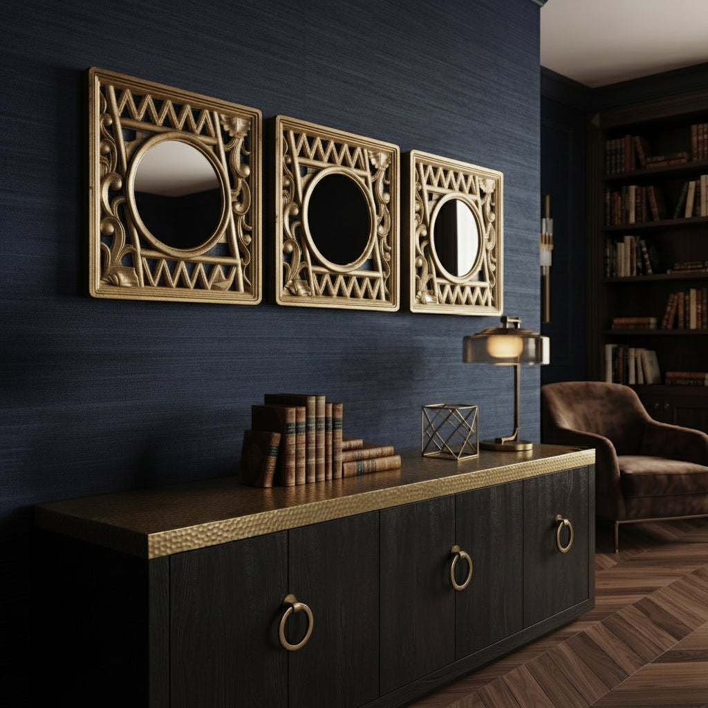 3-PCS Set of Golden Geometric and Floral Cutout Design with Round Mirror at Center