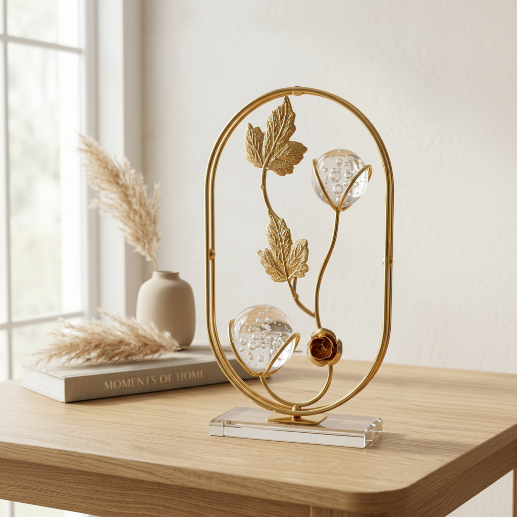 Golden Oval Shape Metallic Frame on Glass Platform with Leaves and Crystal Balls inside
