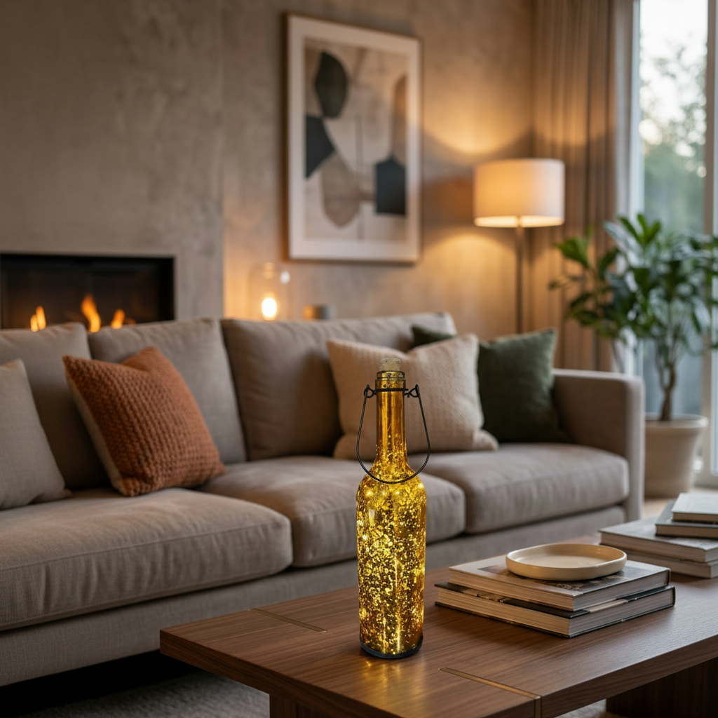 Golden Glass Bottle with Cork at opening and LED Stary String Lights inside