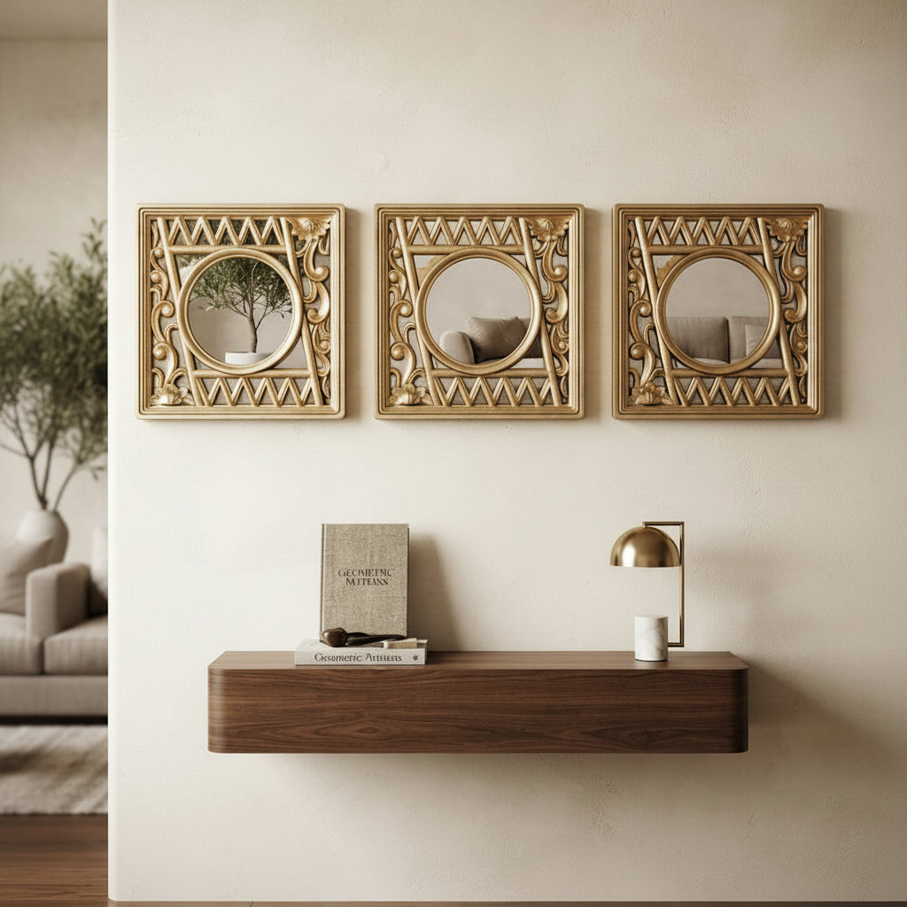 3-PCS Set of Golden Geometric and Floral Cutout Design with Round Mirror at Center