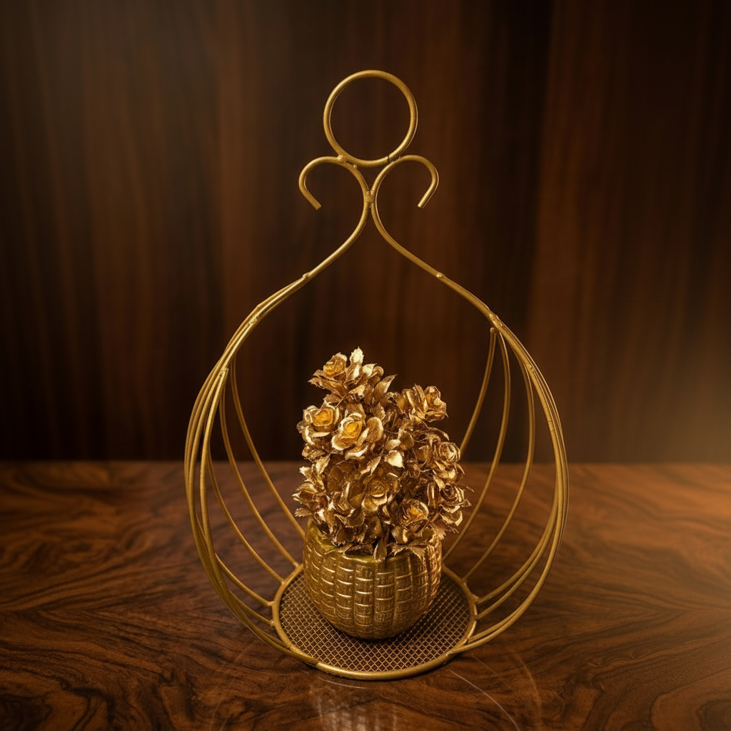 Golden Metallic Stand with Golden Plant inside Golden Pot