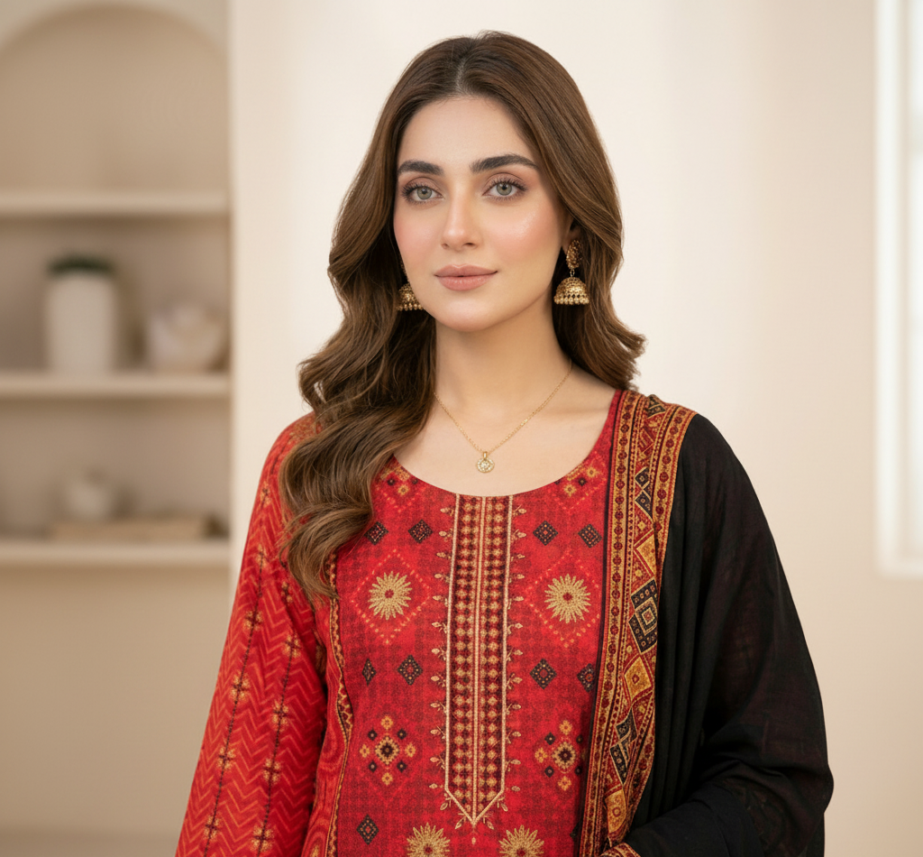 3-Pcs Printed & Embroidered Lawn Suit (Stitched)
