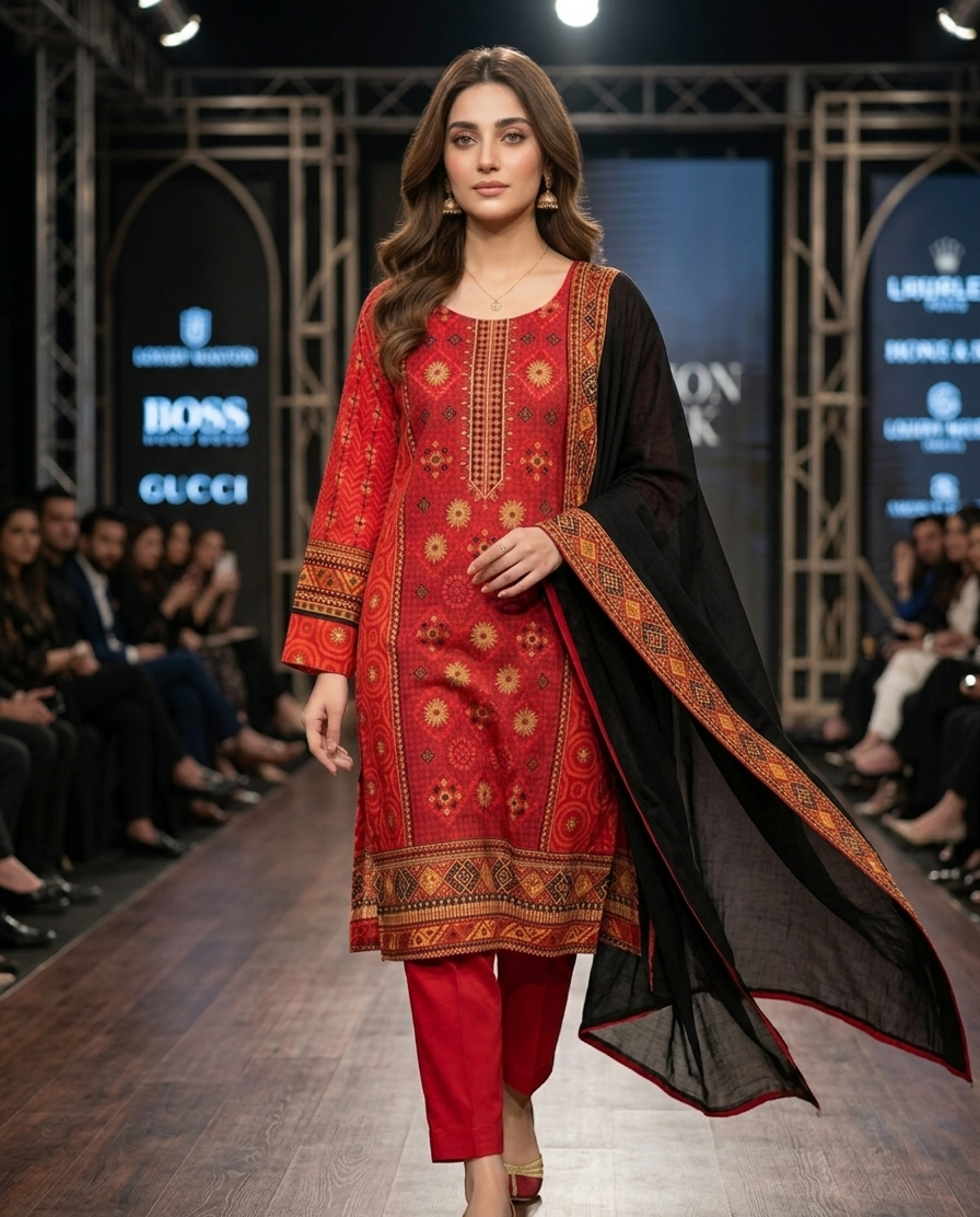 3-Pcs Printed & Embroidered Lawn Suit (Stitched)