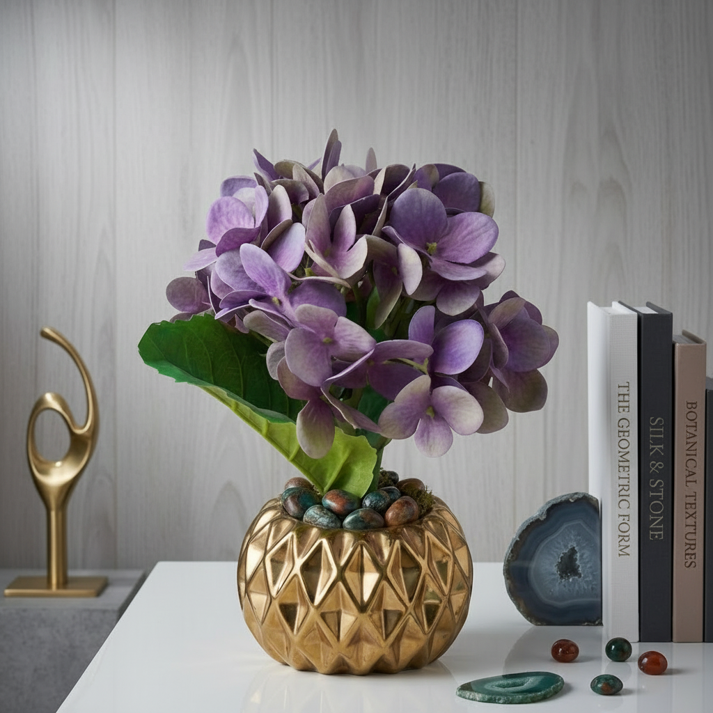 Golden Ceramic Pot with Artificial Lilac Hydrangea Flowers