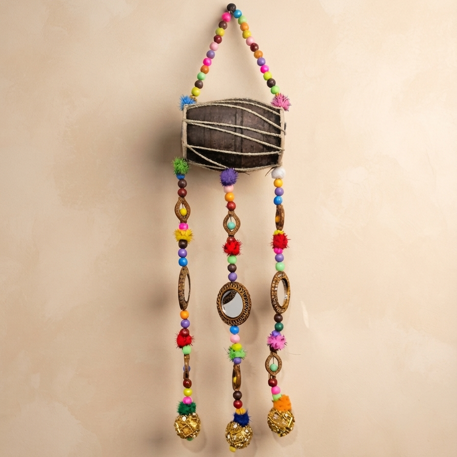 Handmade Traditional Wall Hanging - Drum with Beaded Strings (Style-1)