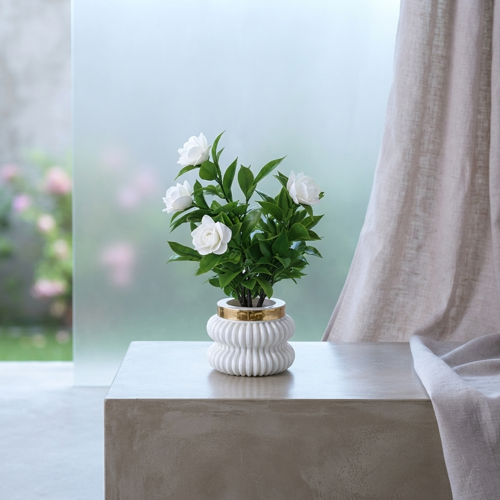 White Camellia-Style Blossoms and lush green foliage in a white, ribbed Plastic Pot