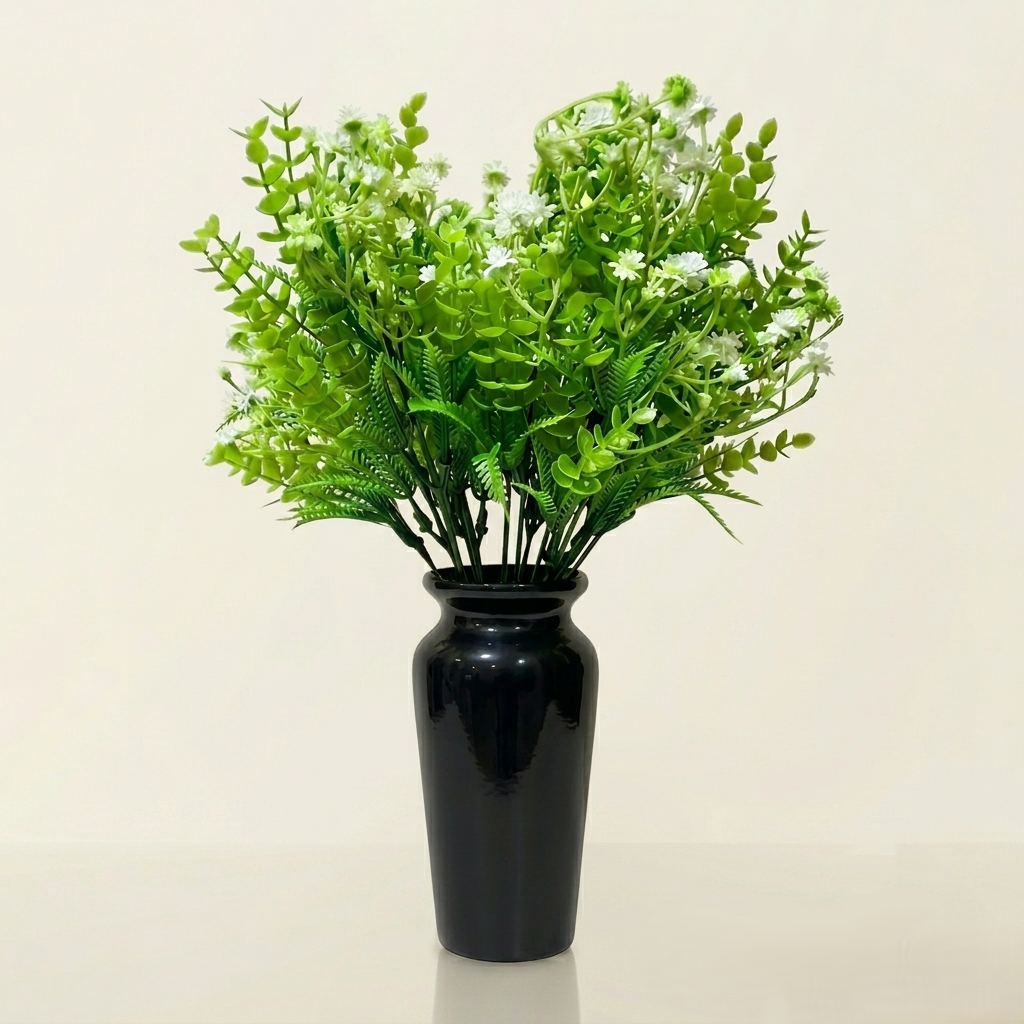 Black Classic Ceramic Vase with 2 Bunches of Plastic Gypsophila Flowers