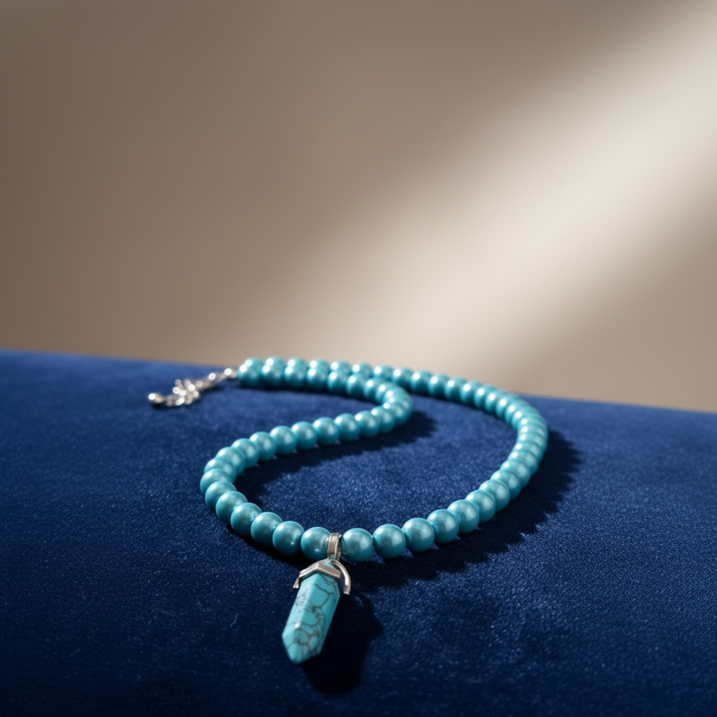 Blue Pearls Necklace with Hexagonal Column Marble Charm in Gift Packing