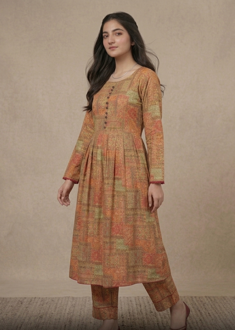 2-Pcs Printed Lawn Suit (Frock Style Shirt & matching Trouser) -Stitched