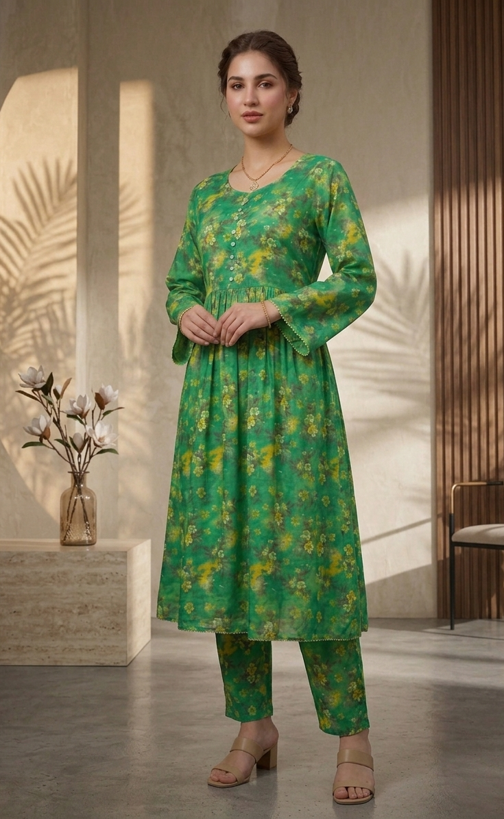2-Pcs Printed Lawn Suit (Frock Style Shirt & matching Trouser) -Stitched