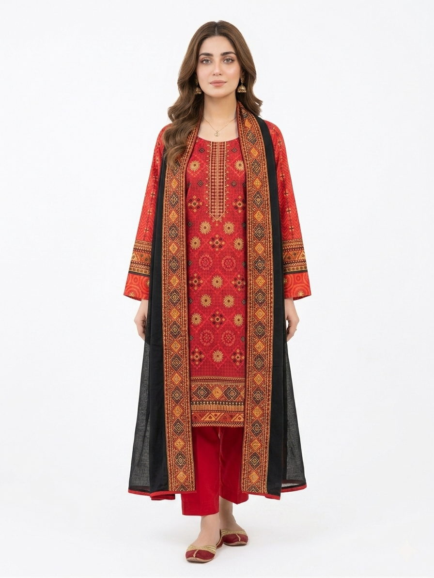 3-Pcs Printed & Embroidered Lawn Suit (Stitched)