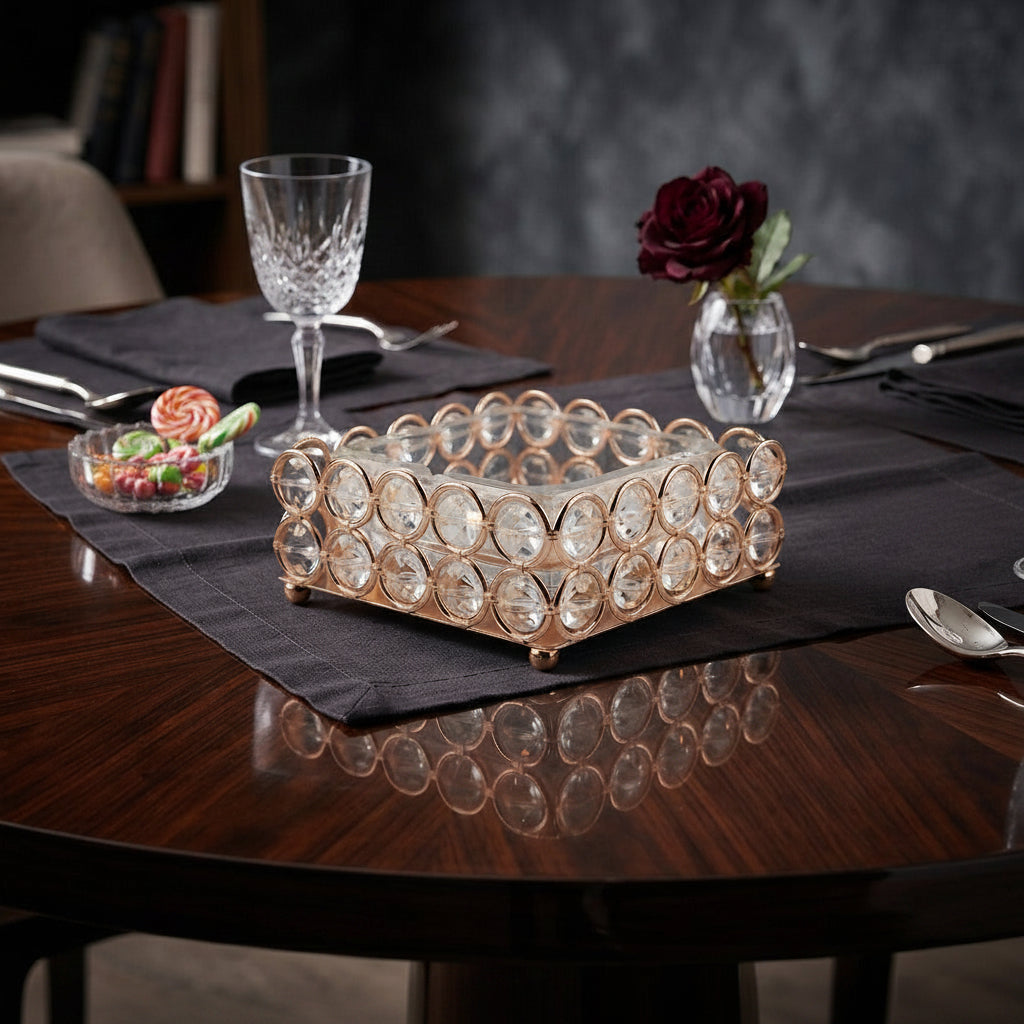Glass Ashtray in a Golden Metallic Crystal Beaded Stand