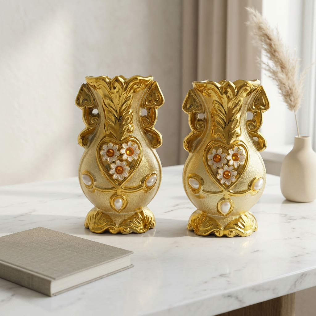 Pack of 2 Golden Ceramic Vases decorated with Gemstones