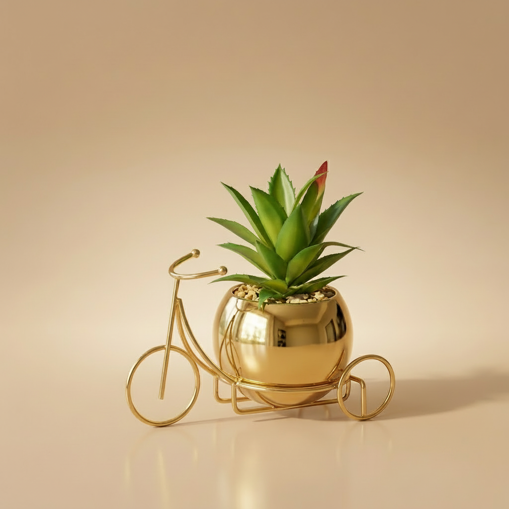 Classic Golden Ceramic Pot with Cactus Plant on Metallic Bicycle
