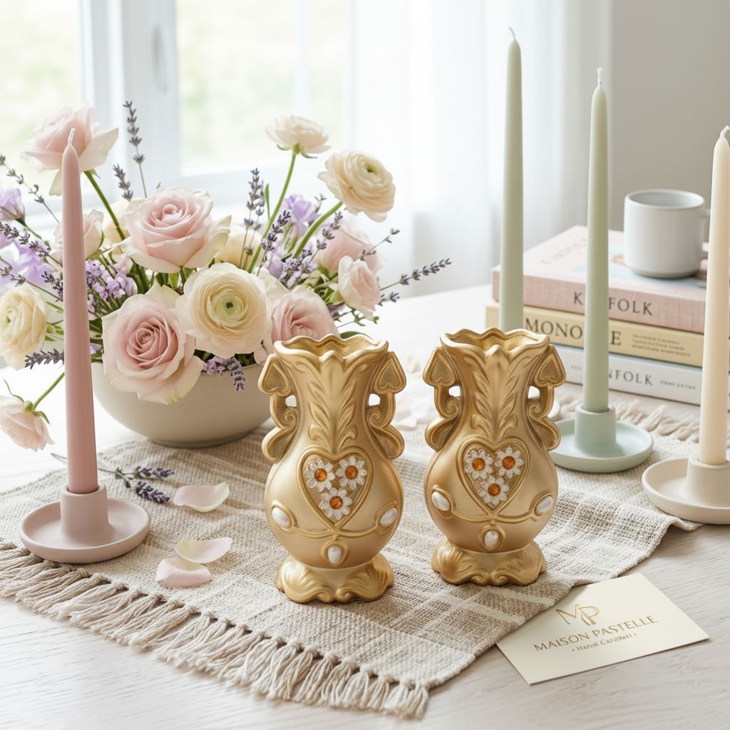 Pack of 2 Golden Ceramic Vases decorated with Gemstones
