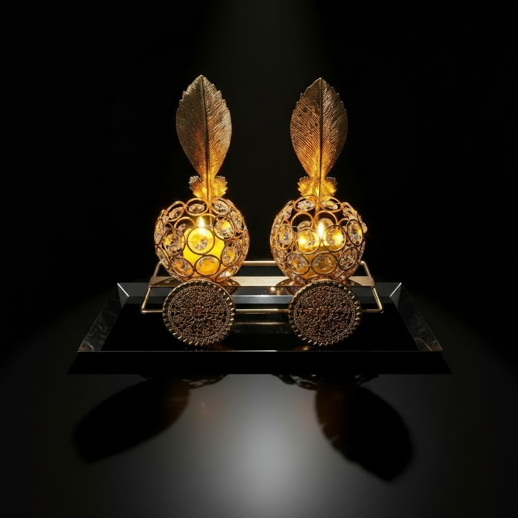 2 Crystal Candle Holders on a Golden Metallic 4 Wheels Cart with Flameless Candles