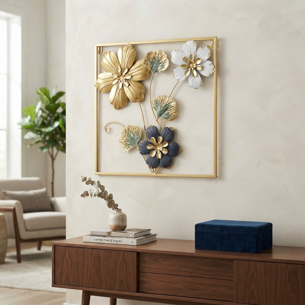 Golden Metallic Square 3d Flowers Wall Décor