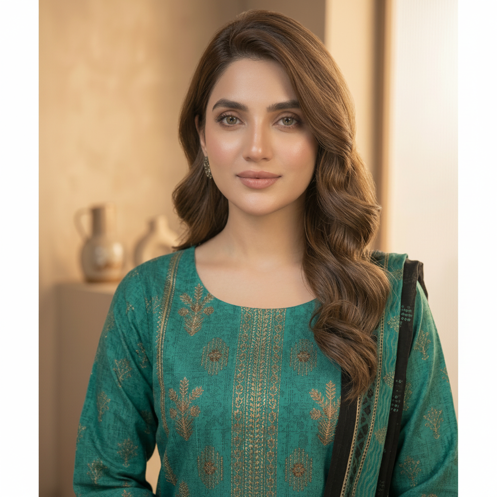 3-Pcs Printed & Embroidered Lawn Suit (Stitched)