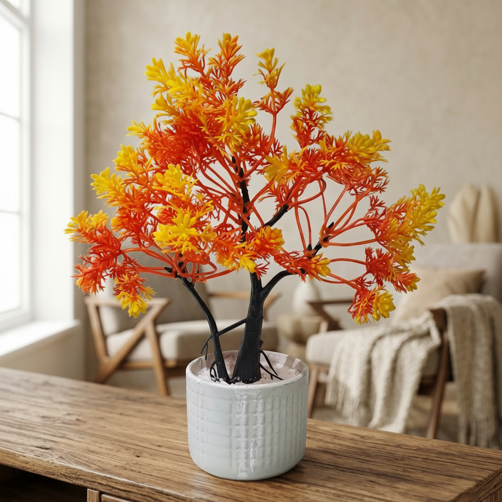 White Ceramic Pot with Artificial Multi Colour Bonsai Tree