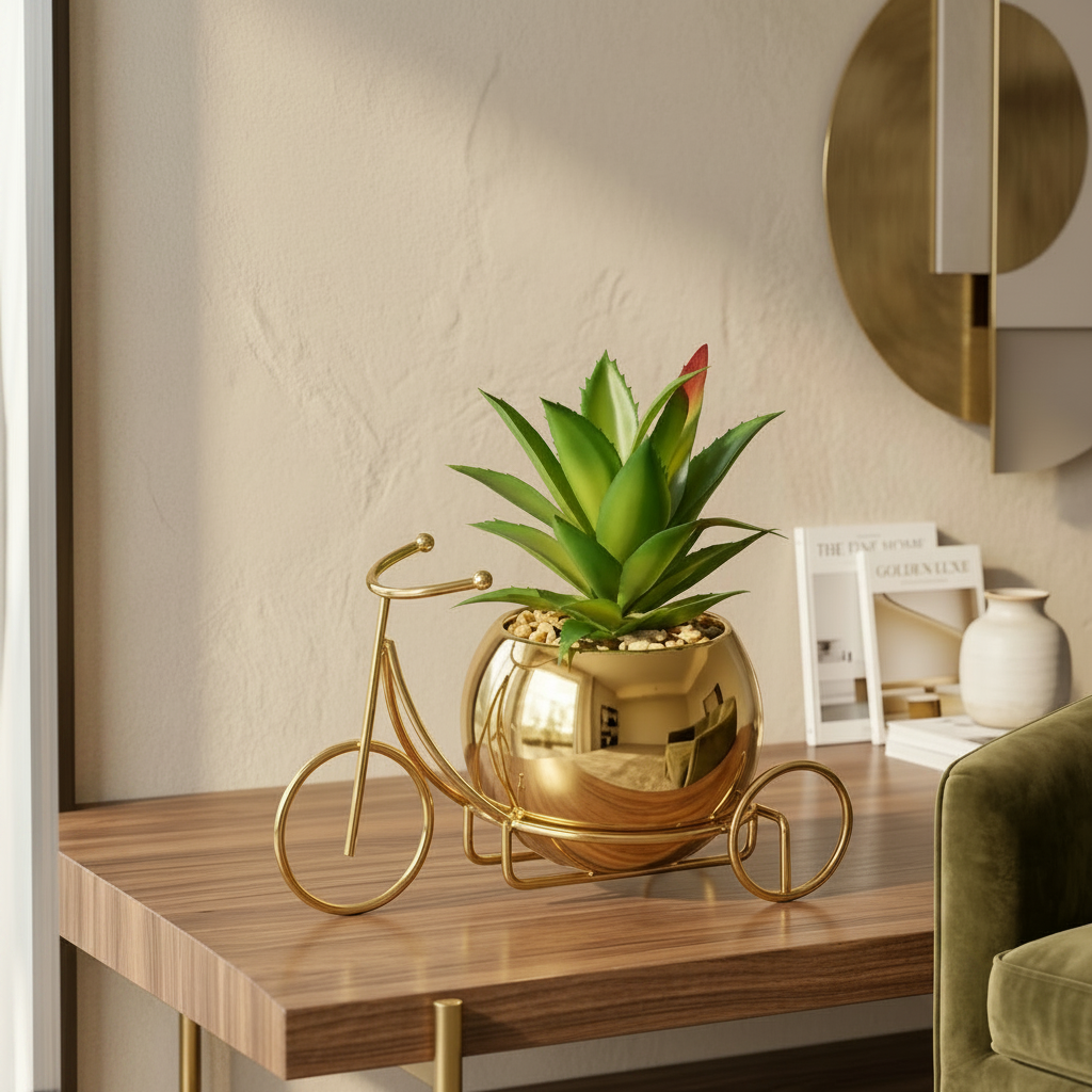 Classic Golden Ceramic Pot with Cactus Plant on Metallic Bicycle