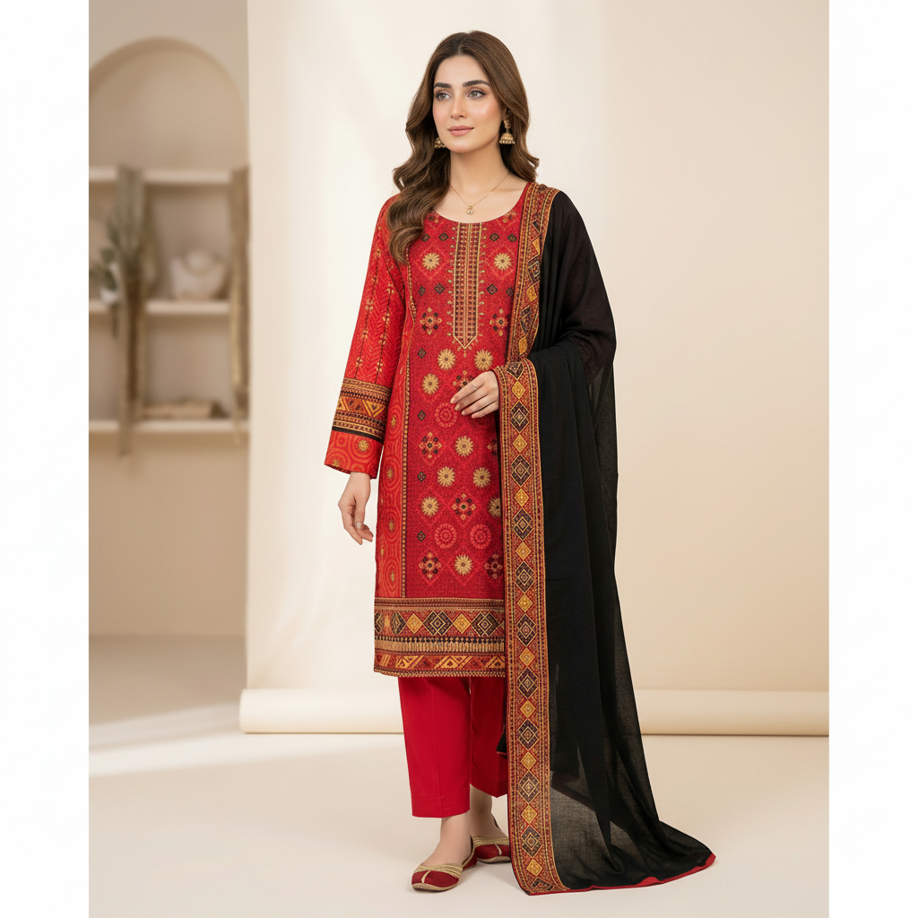 3-Pcs Printed & Embroidered Lawn Suit (Stitched)