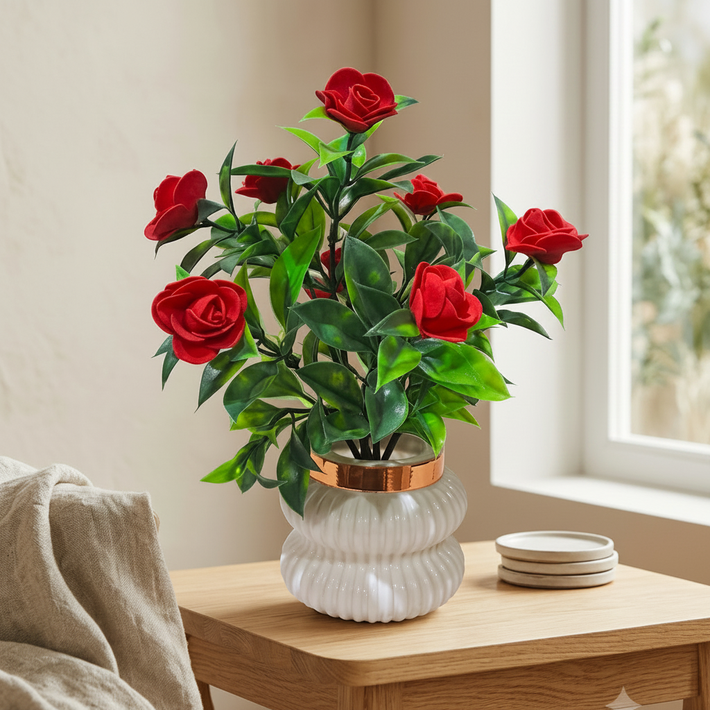 Red Camellia-Style Blossoms and lush green foliage in a white, ribbed Plastic Pot