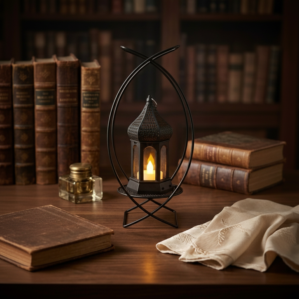 Black Metallic Candle holder with LED Candle inside Black Plastic Lantern