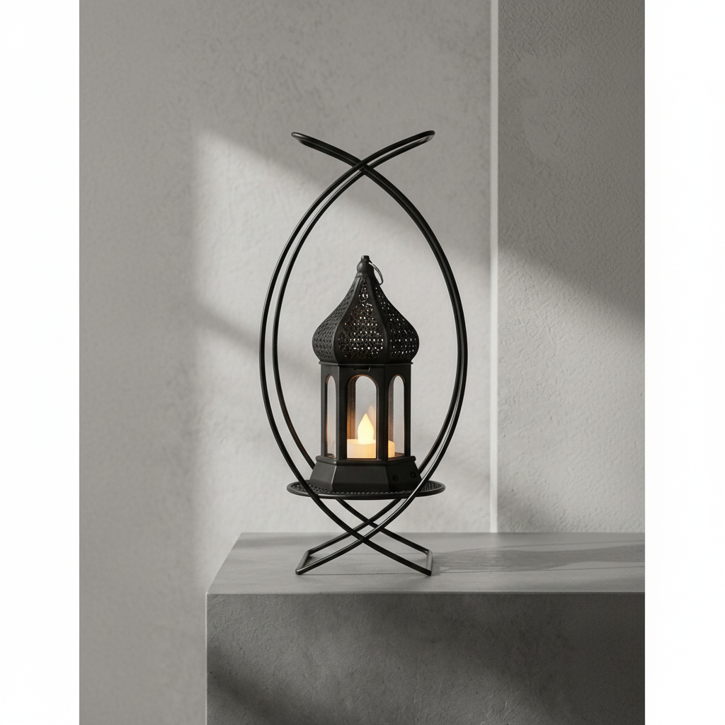 Black Metallic Candle holder with LED Candle inside Black Plastic Lantern