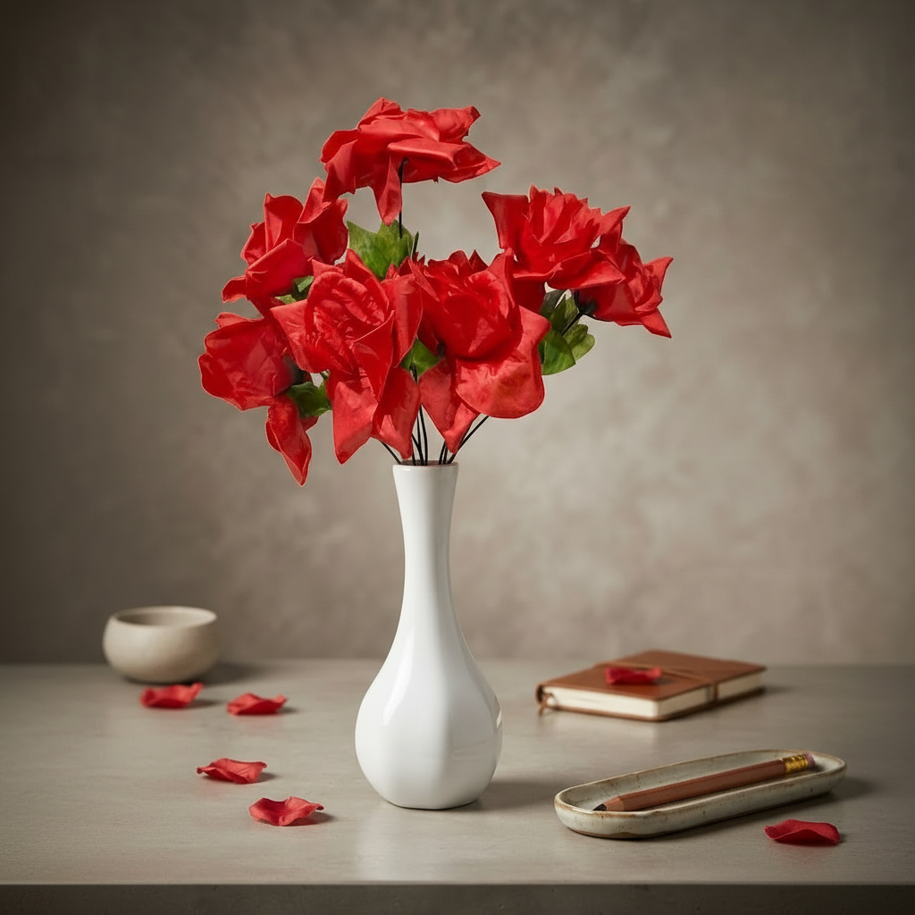 White narrow Neck Bud Ceramic Vase with Artificial Rose Bunch