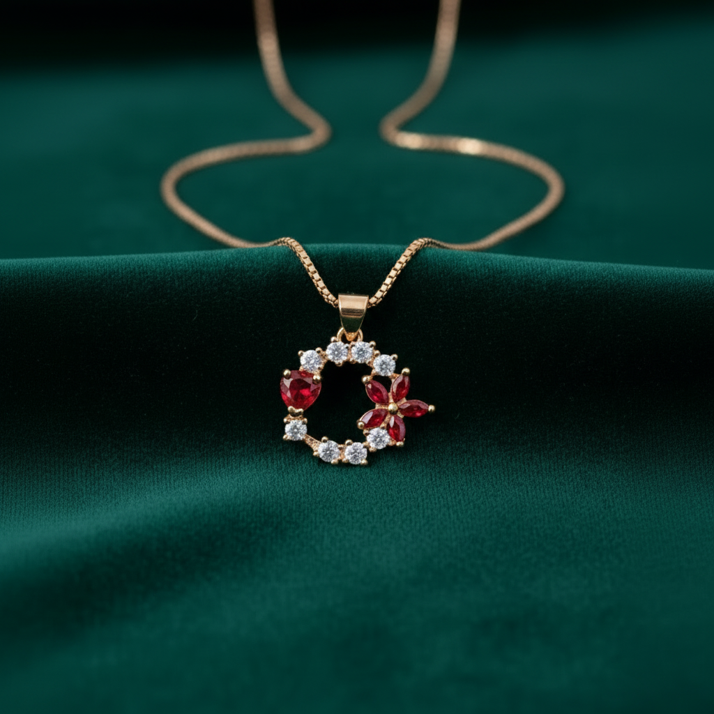 Golden with Red Heart & Flower shape Stones in Charm Locket in Gift Packing