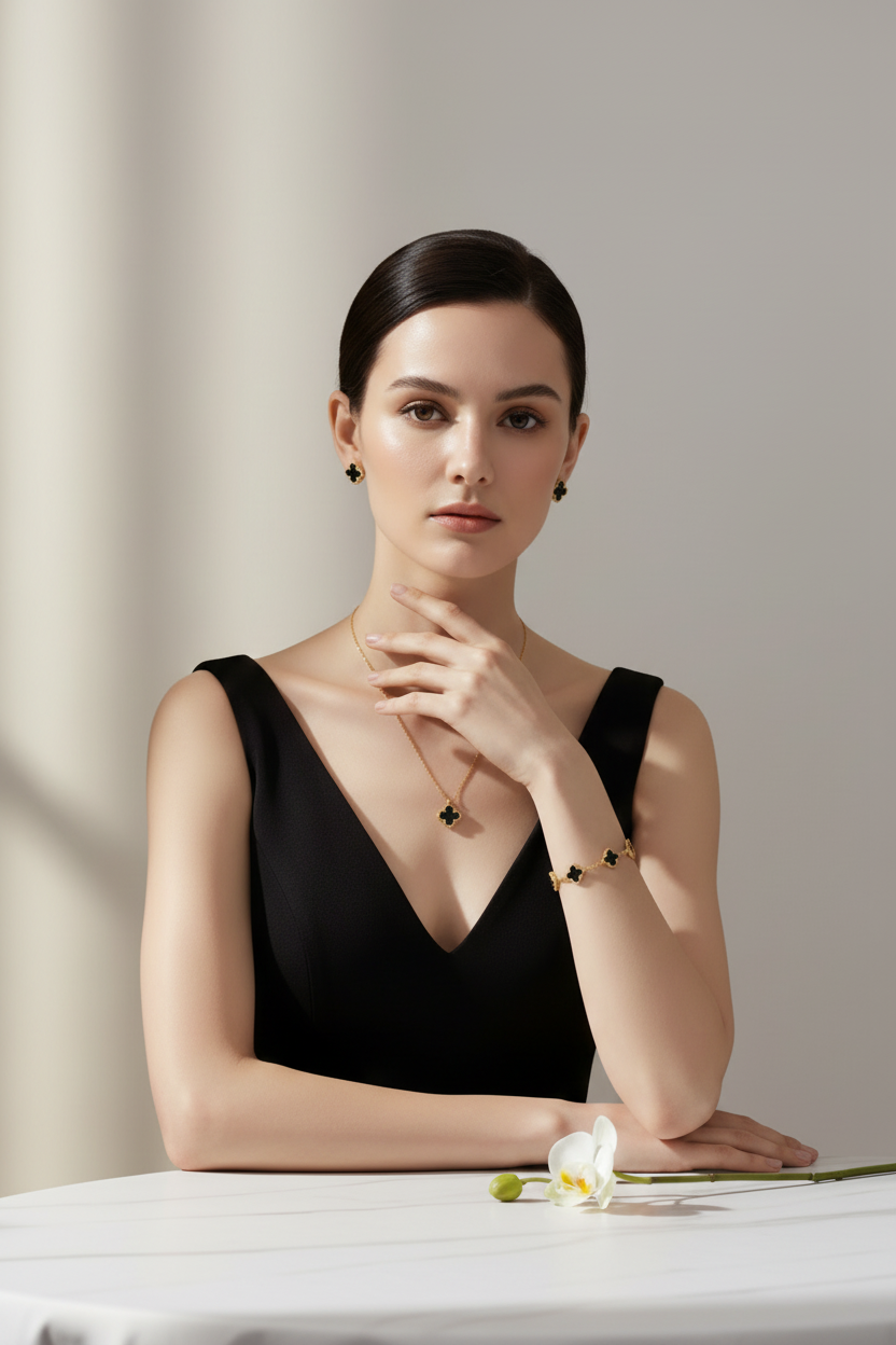 4-Pieces Set of Golden-Black 4 Leaves Clover Locket with Bracelets & Earrings in Gift Packing