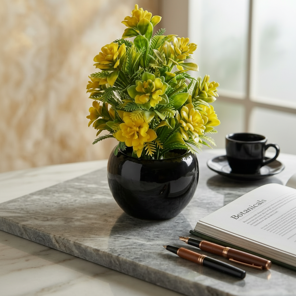 Black Ceramics Pot with artificial Plant & Yellow Flowers
