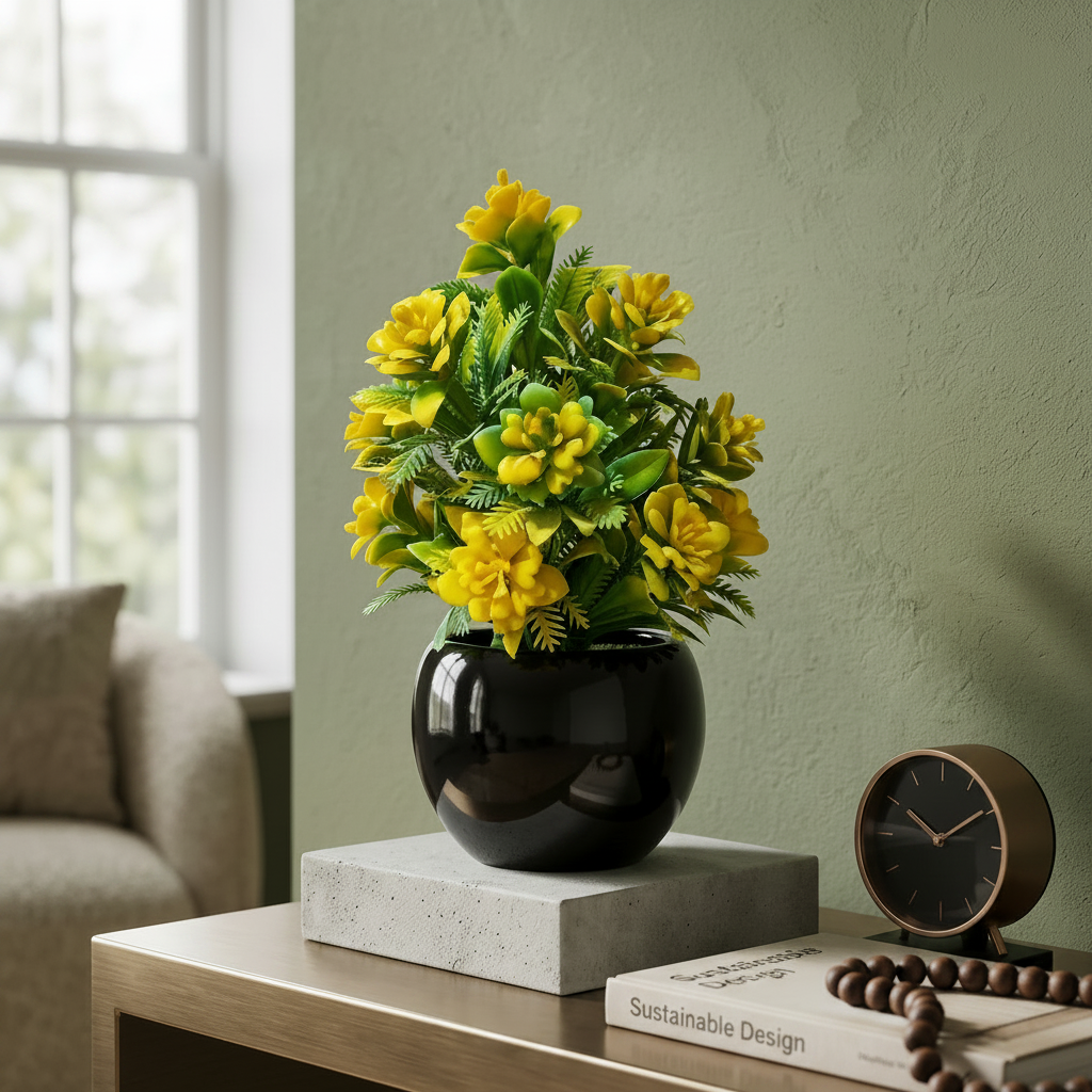 Black Ceramics Pot with artificial Plant & Yellow Flowers