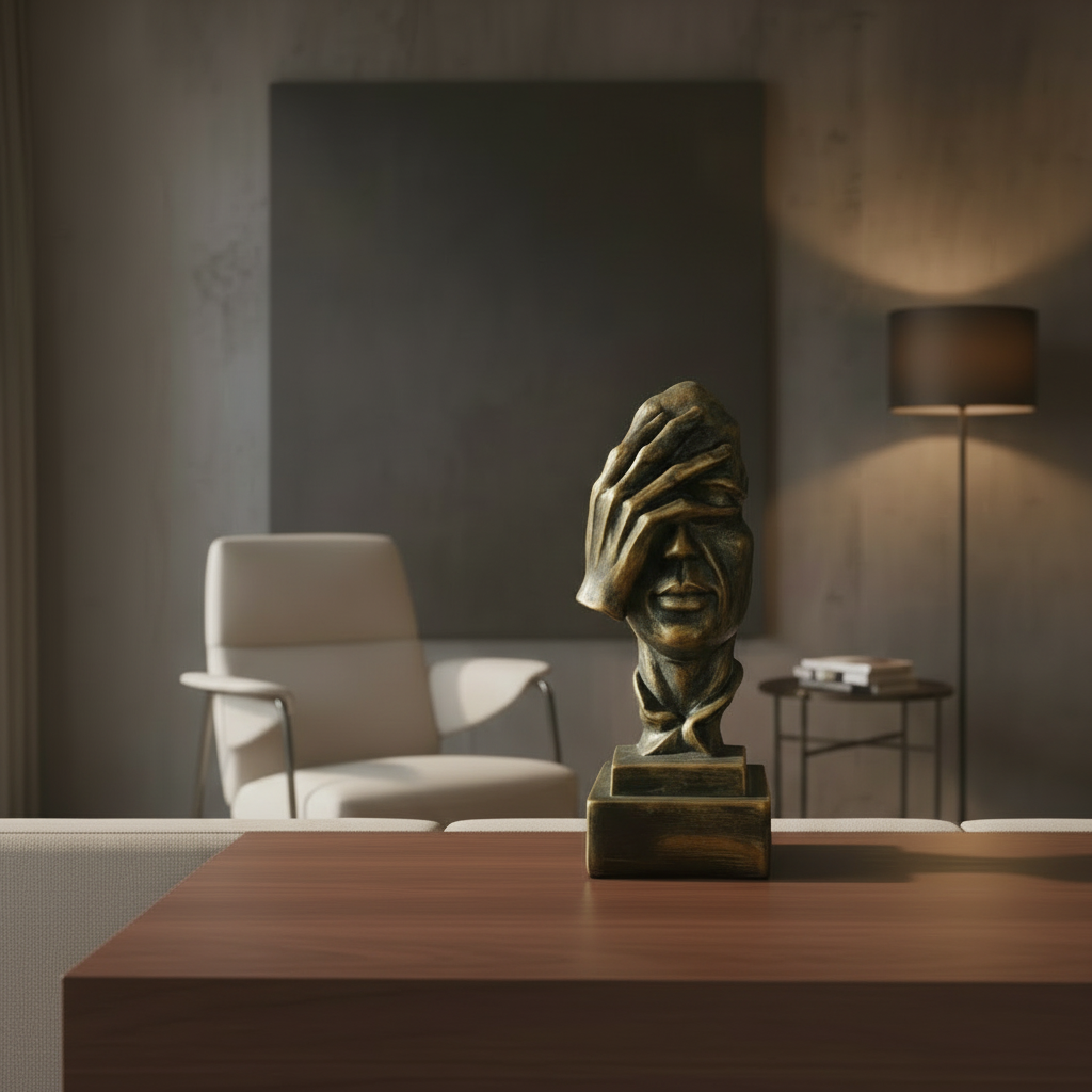 Golden-Black Vintage look Silent Face Sculpture with Hand on Eyes & Ear