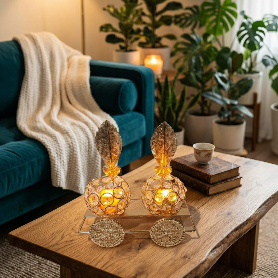 2 Crystal Candle Holders on a Golden Metallic 4 Wheels Cart with Flameless Candles
