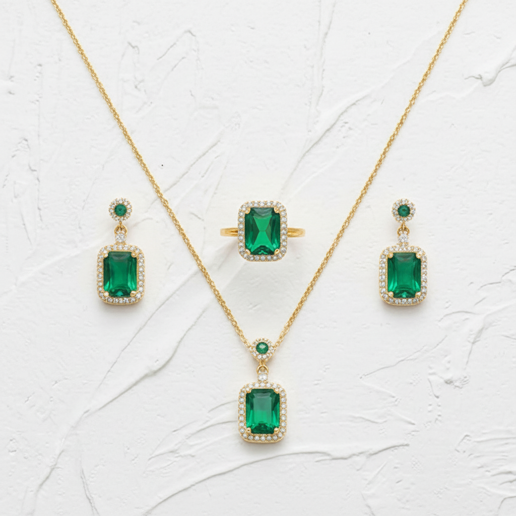 4-Pcs Set of Emerald Green Crystal Necklace with Earrings & Ring in Gift Packing