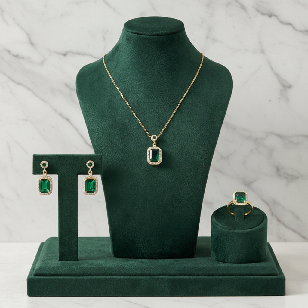 4-Pcs Set of Emerald Green Crystal Necklace with Earrings & Ring in Gift Packing